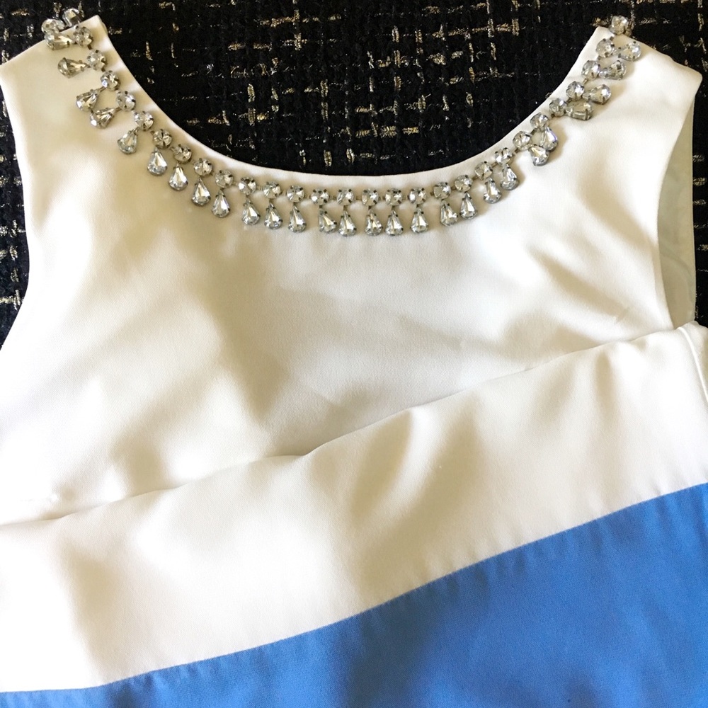 White & Blue Shift Dress w/ Rhinestone Necklace